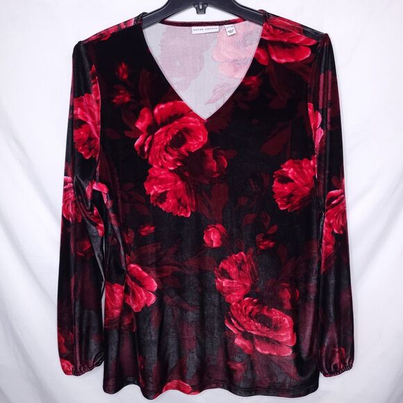 Susan Graver Tops - Susan Graver Top Womens XL Black Red Floral Pullover V Neck Casual